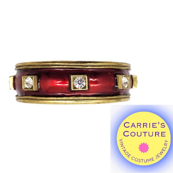 Vintage 1980s Signed Gerard Yosca Red Enamel & Clear Rhinestone Cuff Bracelet - Picture 1 of 8